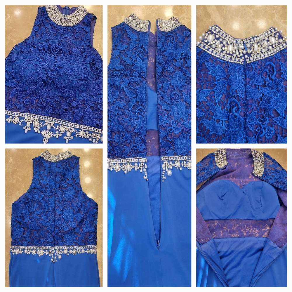 Blue Pearl & Rhinestoned Embellished Mermaid High-low Formal Dress, XS - Picture 16 of 16